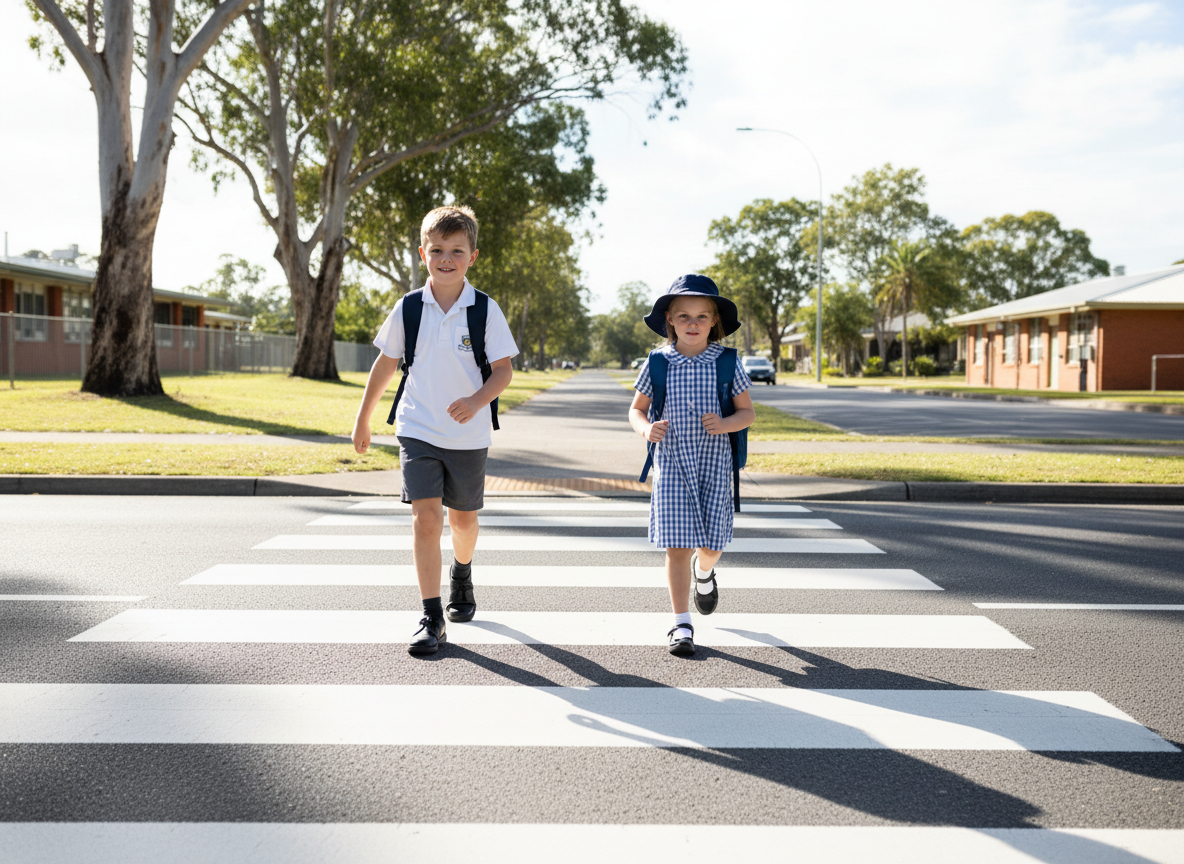 Realistic candid documentary-style photo of two Australian primary school children crossing a zebra crossing on a sunny Queensland morning. CRITICAL COMPOSITION: The zebra crossing white stripes run horizontally across the full width of the image from left edge to right edge, like the reference photo. The children are walking FROM the bottom of the frame TOWARD the top of the frame, crossing perpendicular to the white stripes — their bodies face toward the camera or slightly away, their feet stepping ACROSS the stripes, not along them. The stripes are UNDER their feet as they cross. Side view showing both children mid-stride. One taller boy in white polo shirt, grey shorts, black school shoes, navy blue backpack. One younger girl in blue check school dress, navy wide-brim school hat, blue backpack. Bright harsh Australian sunlight casting sharp shadows. Suburban school street setting, eucalyptus trees, brick building in background. Natural candid feel, no posing. Wide landscape format. No text, no logos, no watermarks.
